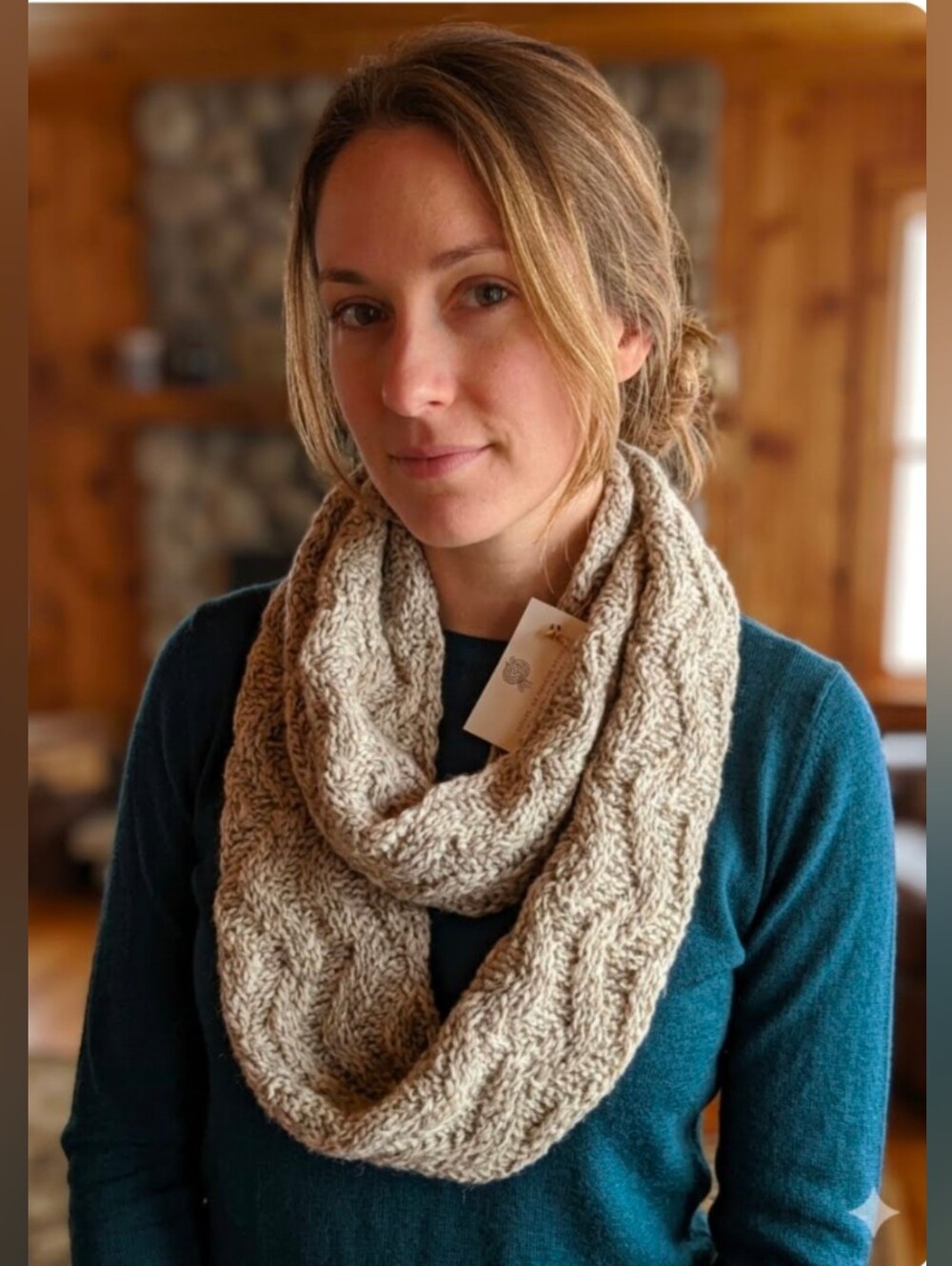 Handmade Knit 100% Wool Long Wave Pattern Infinity Scarf Mottled Tan Beige